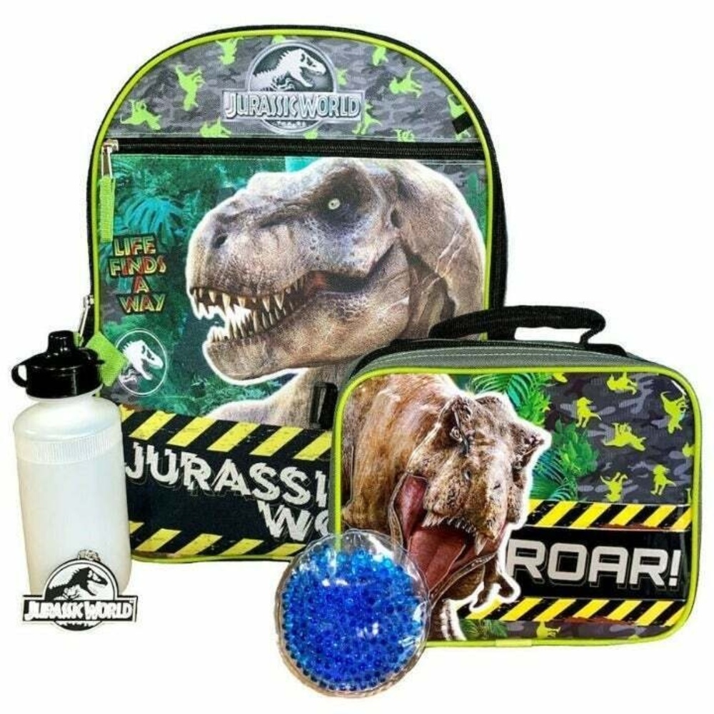 JURASSIC WORLD 5 Pc Set 16" Backpack Lunch Box Water Bottle Ice Pack T-Rex NWT